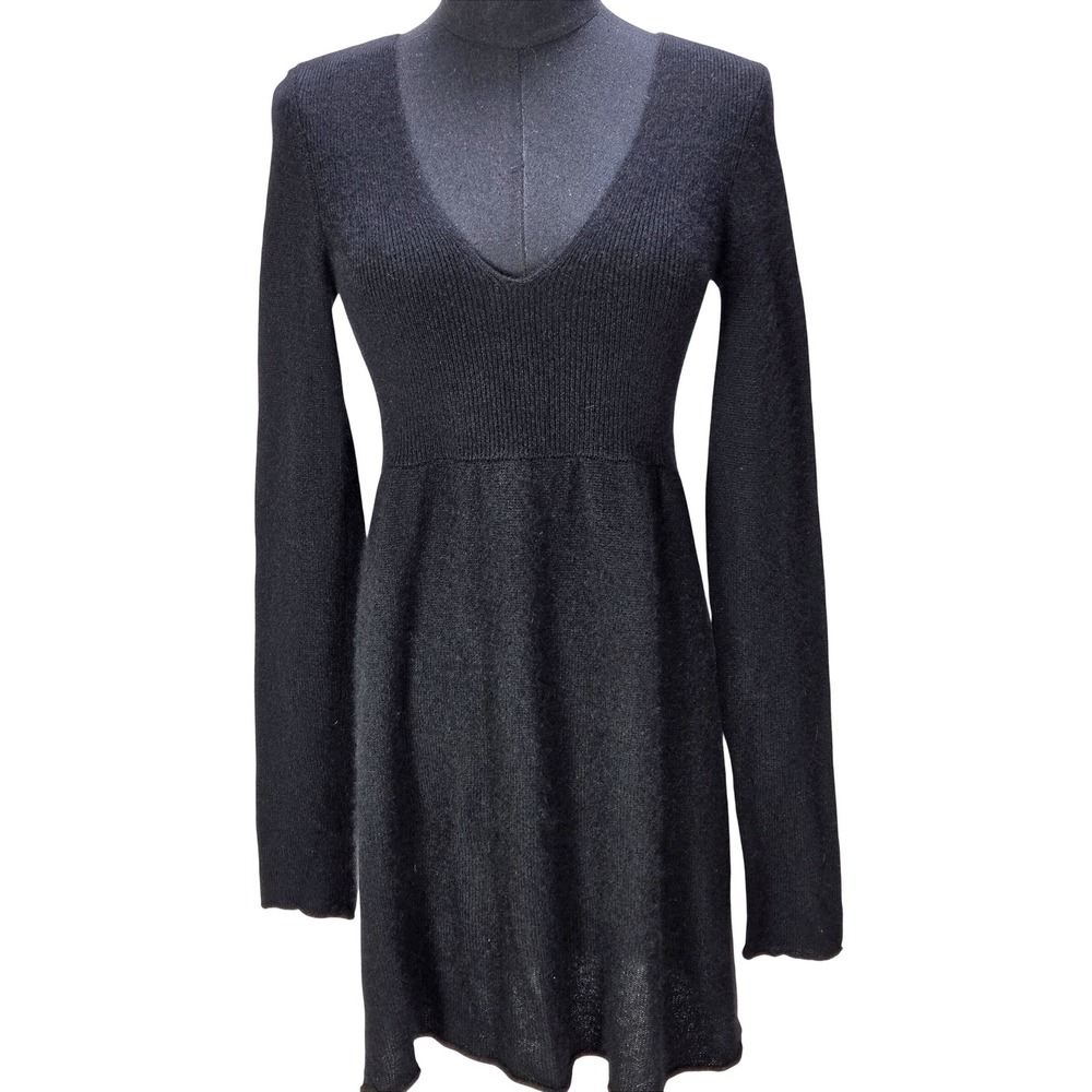 Women's Aqua Small 100% Cashmere Black Empire Waist V-Neck Sweater Dress